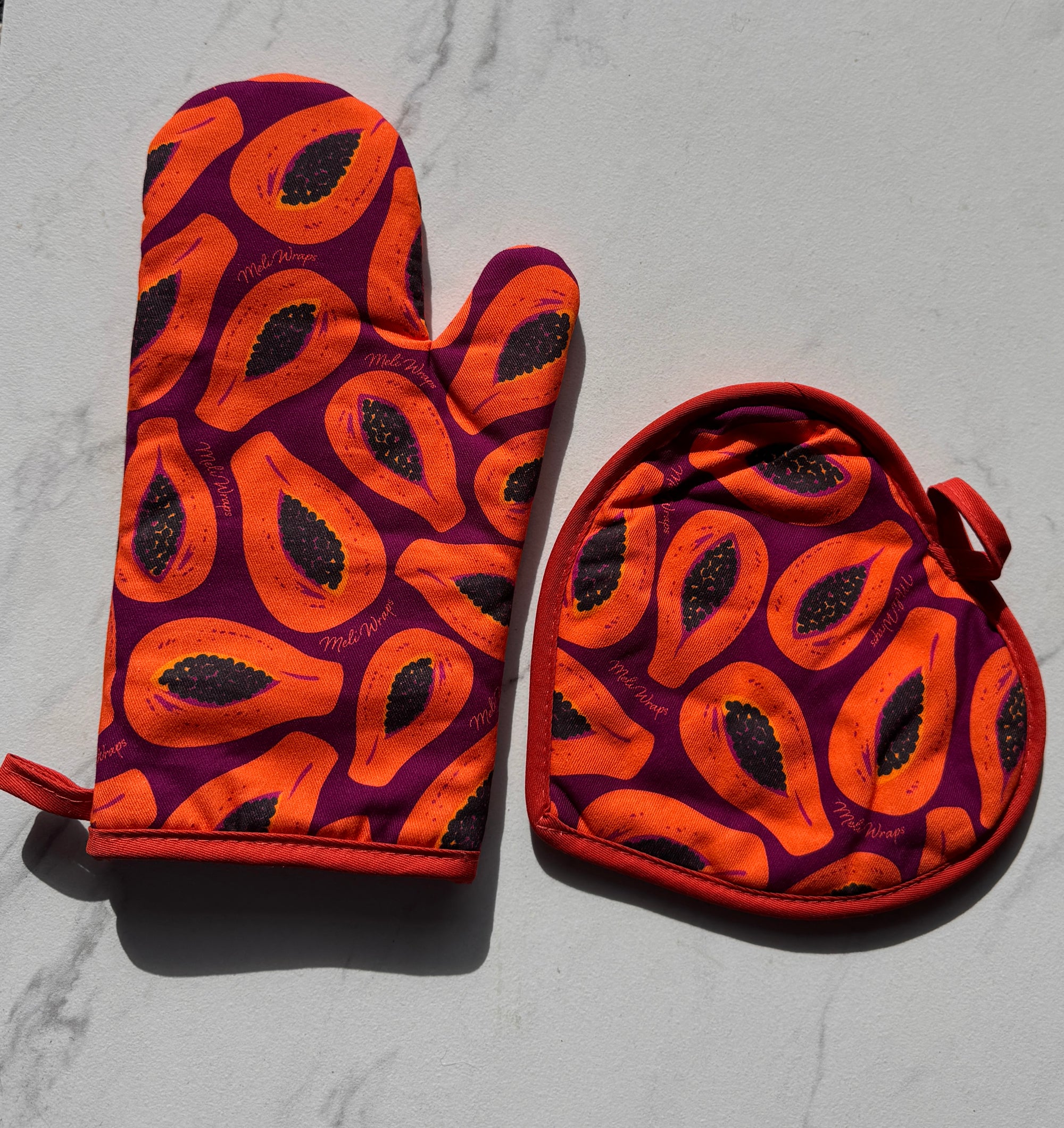 Pot Holder + Oven Mitt Set Papaya Print