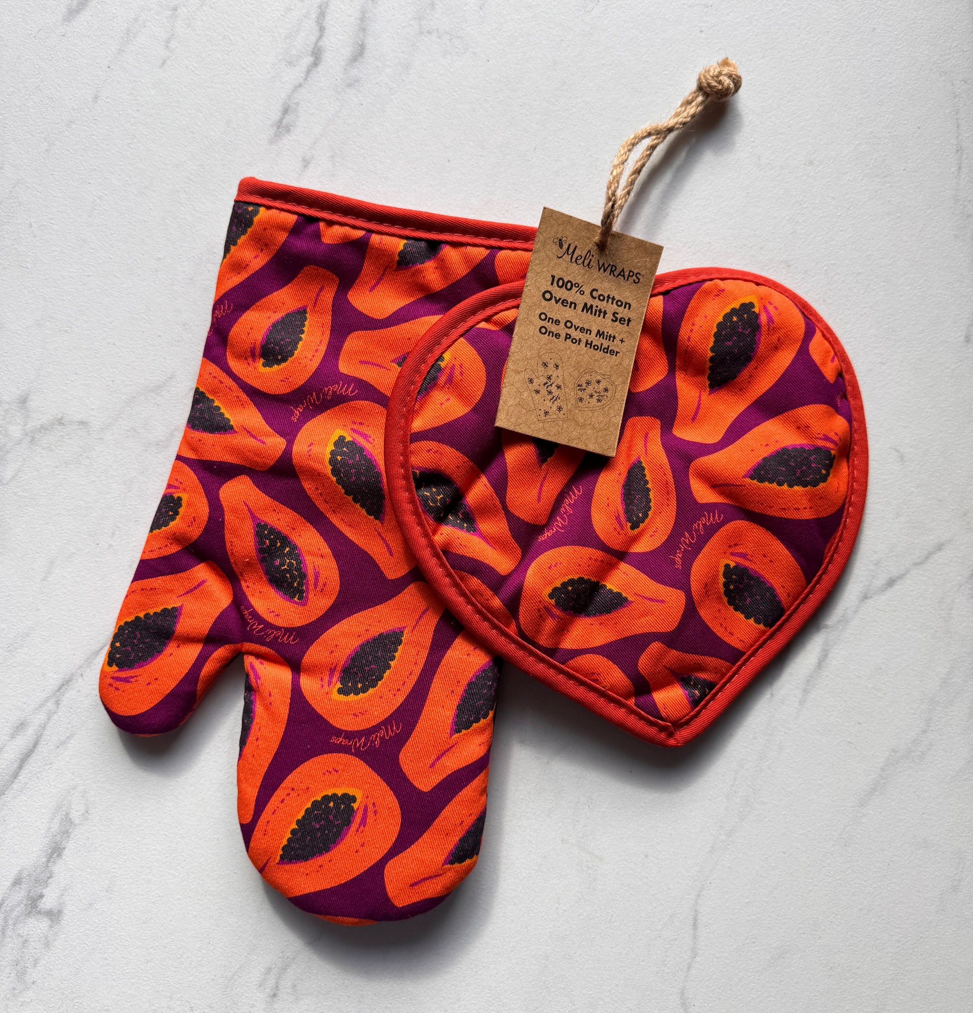 Pot Holder + Oven Mitt Set Papaya Print