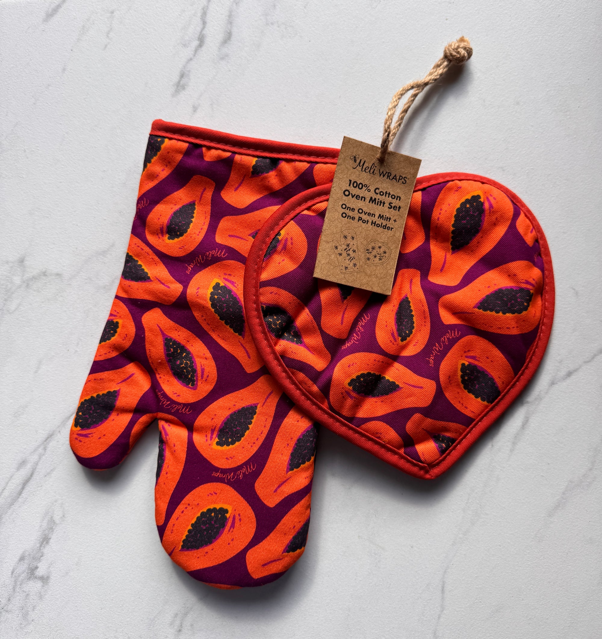 Pot Holder + Oven Mitt Set Papaya Print