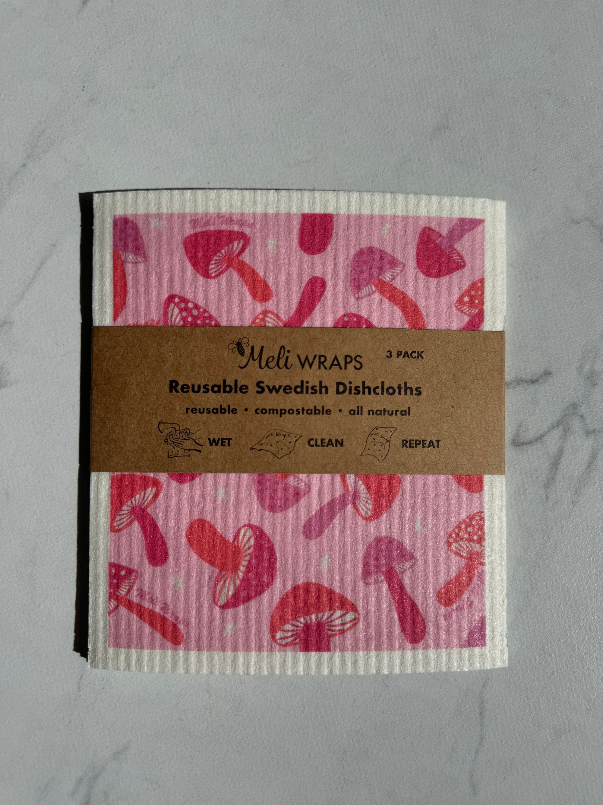 Pink Mushroom Swedish Dish Cloth Set of 3