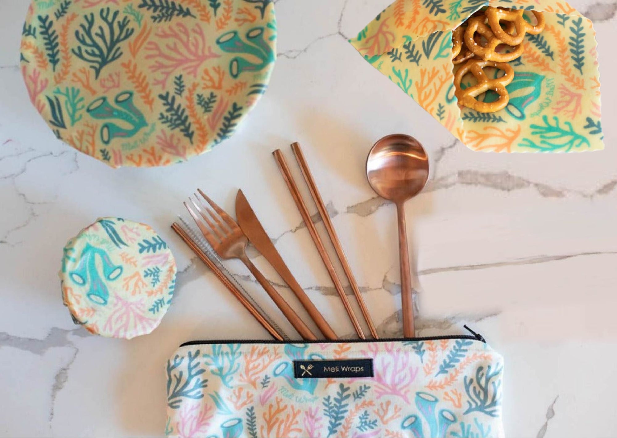 Meli Wraps Beeswax Wrap Bulk Roll + Cutlery Set in Reef Print