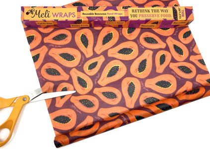 Meli Wraps Beeswax Wraps photo of a bulk roll of beeswax wraps in purple papaya print